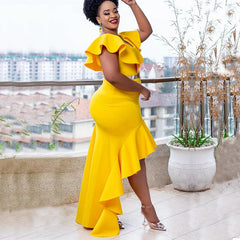 Women Bodycon Hem Ruffles Vintage Asymmetrical Evening Party Dresses Summer Casual Sleeveless Solid Color Ladies Elegant Outfits - SHOWLU FASHION STORE