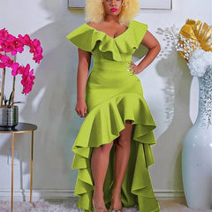 Women Bodycon Hem Ruffles Vintage Asymmetrical Evening Party Dresses Summer Casual Sleeveless Solid Color Ladies Elegant Outfits - SHOWLU FASHION STORE