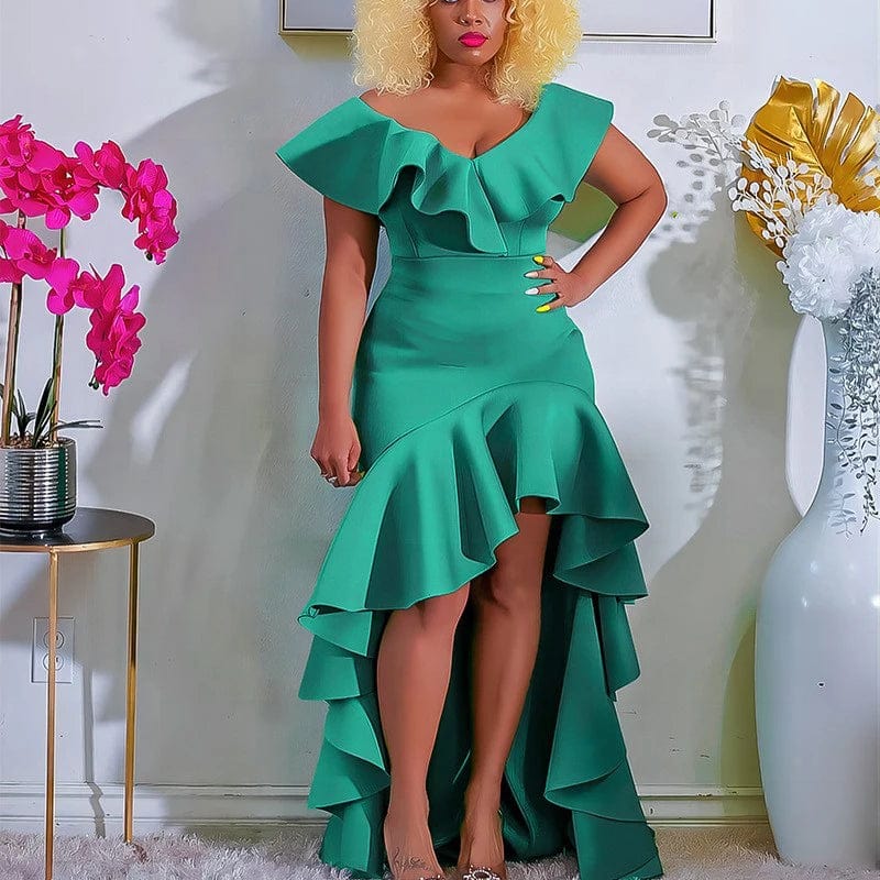 Women Bodycon Hem Ruffles Vintage Asymmetrical Evening Party Dresses Summer Casual Sleeveless Solid Color Ladies Elegant Outfits - SHOWLU FASHION STORE