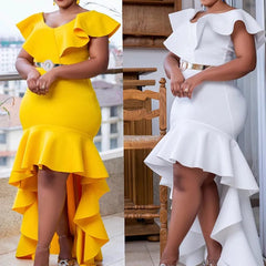 Women Bodycon Hem Ruffles Vintage Asymmetrical Evening Party Dresses Summer Casual Sleeveless Solid Color Ladies Elegant Outfits - SHOWLU FASHION STORE