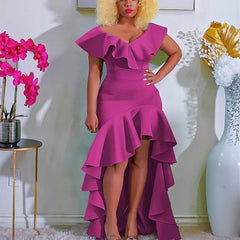 Women Bodycon Hem Ruffles Vintage Asymmetrical Evening Party Dresses Summer Casual Sleeveless Solid Color Ladies Elegant Outfits - SHOWLU FASHION STORE