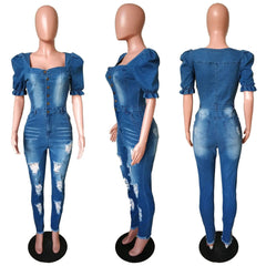 Women Buttons Sexy Denim Jumpsuit Hole Long Rompers Pocket Bodycon Summer Jeans Overalls Casual Fashion Party Club Playsuit - SHOWLU FASHION STORE