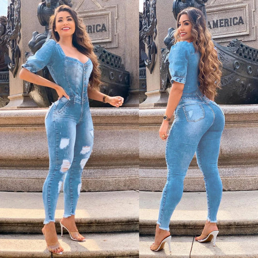 Women Buttons Sexy Denim Jumpsuit Hole Long Rompers Pocket Bodycon Summer Jeans Overalls Casual Fashion Party Club Playsuit - SHOWLU FASHION STORE