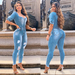 Women Buttons Sexy Denim Jumpsuit Hole Long Rompers Pocket Bodycon Summer Jeans Overalls Casual Fashion Party Club Playsuit - SHOWLU FASHION STORE