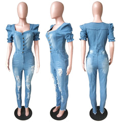 Women Buttons Sexy Denim Jumpsuit Hole Long Rompers Pocket Bodycon Summer Jeans Overalls Casual Fashion Party Club Playsuit - SHOWLU FASHION STORE
