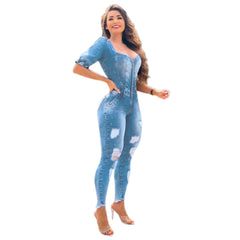 Women Buttons Sexy Denim Jumpsuit Hole Long Rompers Pocket Bodycon Summer Jeans Overalls Casual Fashion Party Club Playsuit - SHOWLU FASHION STORE