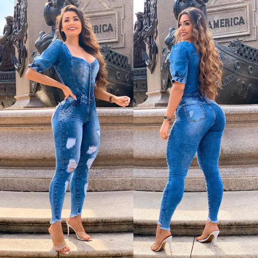 Women Buttons Sexy Denim Jumpsuit Hole Long Rompers Pocket Bodycon Summer Jeans Overalls Casual Fashion Party Club Playsuit - SHOWLU FASHION STORE
