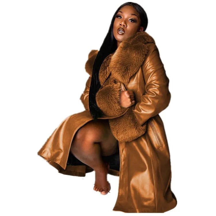 Women Coat Fashion Casual Solid Color Long Sleeve Pu Leather Fur Turn Down Collar Zipper Warm Autumn Winter - SHOWLU FASHION STORE