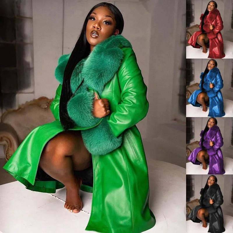 Women Coat Fashion Casual Solid Color Long Sleeve Pu Leather Fur Turn Down Collar Zipper Warm Autumn Winter - SHOWLU FASHION STORE