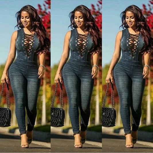 Women Denim Jumpsuits Sleeveless Lace Up Eyelet Long Pants Jeans Rompers - SHOWLU FASHION STORE