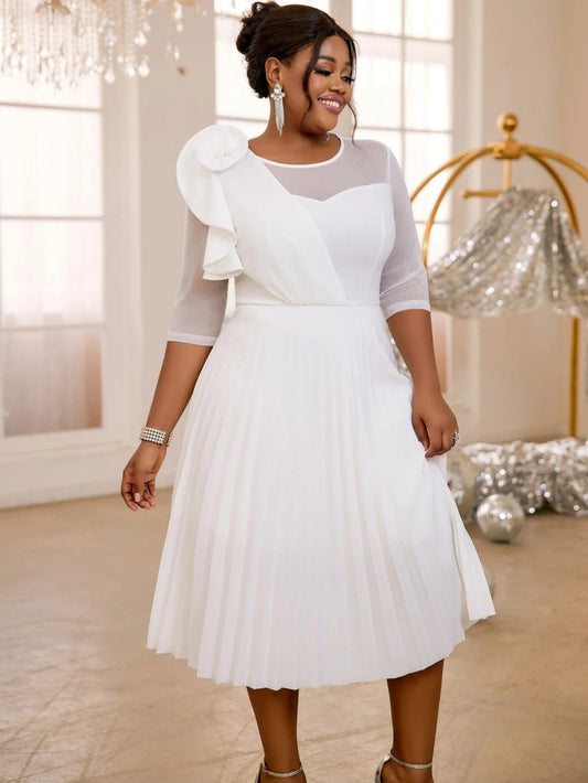 Women Elegant White Pleated Dress Ruffle Flower Tulle Half Sleeve High Waist A - Line Gowns Evening Event Wedding Guest Clothing - SHOWLU FASHION STORE