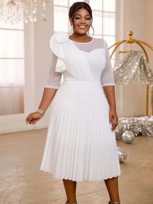 Women Elegant White Pleated Dress Ruffle Flower Tulle Half Sleeve High Waist A - Line Gowns Evening Event Wedding Guest Clothing - SHOWLU FASHION STORE
