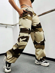 Women Fashion Camo Cargo Pants Street Flap Pocket Elastic Waist Loose Wide Leg Parachute Trousers Mujer - SHOWLU FASHION STORE