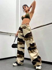 Women Fashion Camo Cargo Pants Street Flap Pocket Elastic Waist Loose Wide Leg Parachute Trousers Mujer - SHOWLU FASHION STORE