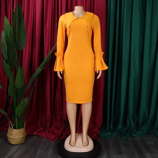 Women Fashion Dress Round Neck Pagoda Sleeve Slim Hip Wrap Ladies Elegant Office Dress Knee - length Dress - SHOWLU FASHION STORE