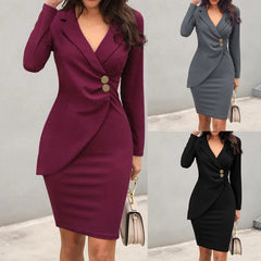 Women Solid Turn Down Neck Suit Dress Long Sleeve Casaul Work Formal Dresses Sexy Hip Package Club Street Lady Robe Vestido - SHOWLU FASHION STORE