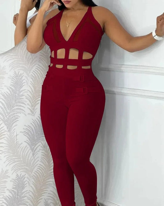Women Spring Summer Jumpsuits Sleeveless New Printed White Waist Hollow Out Strap Halter Tight Jumpsuit Overall Pants - SHOWLU FASHION STORE