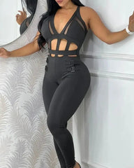 Women Spring Summer Jumpsuits Sleeveless New Printed White Waist Hollow Out Strap Halter Tight Jumpsuit Overall Pants - SHOWLU FASHION STORE