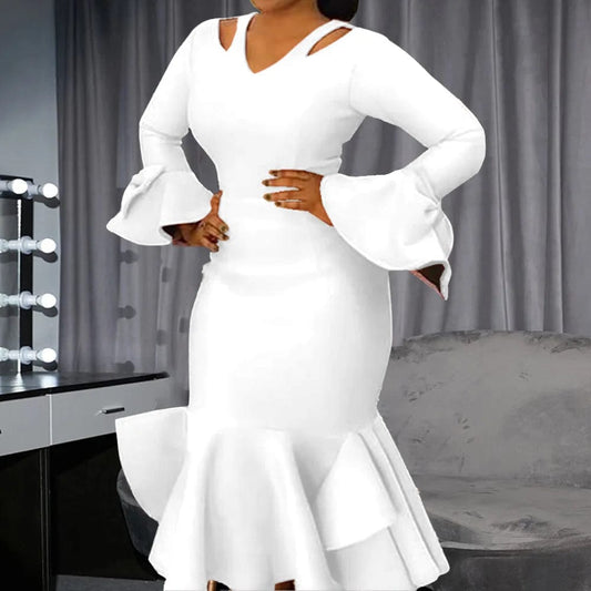 Women White Long Dress Sexy V Neck Ankle Length New Year Eve Bodycon Party Night Dinner Date Robe Winter New Dresses Big Size - SHOWLU FASHION STORE