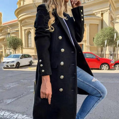 Women Wool Coat Autumn Winter Long Sleeve Pure Color Turn - Down Collar Double - breasted Women Overcoat Women Greatcoat Outerwear - SHOWLU FASHION STORE