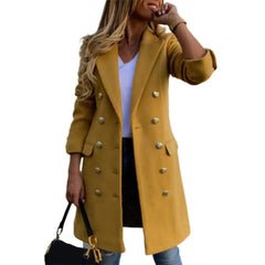 Women Wool Coat Autumn Winter Long Sleeve Pure Color Turn - Down Collar Double - breasted Women Overcoat Women Greatcoat Outerwear - SHOWLU FASHION STORE