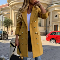 Women Wool Coat Autumn Winter Long Sleeve Pure Color Turn - Down Collar Double - breasted Women Overcoat Women Greatcoat Outerwear - SHOWLU FASHION STORE