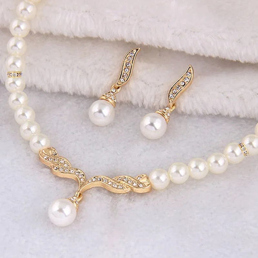 Women's 2 Piece Jewelry Sets One Gold Color Necklace + 1 Pair Earrings Wedding Bridal Pearl Elegant Decoration Pendientes Gifts - SHOWLU FASHION STORE