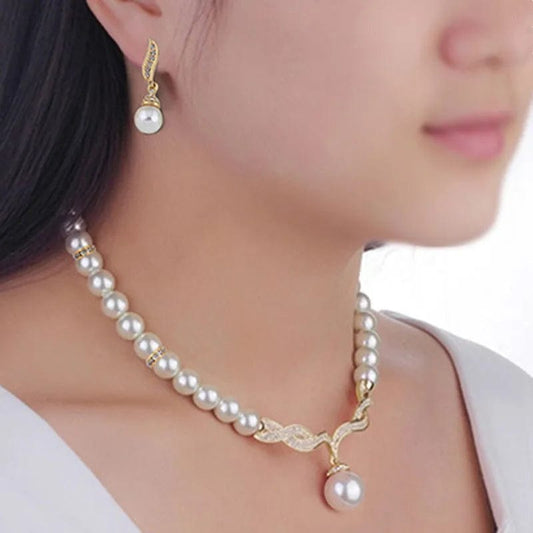 Women's 2 Piece Jewelry Sets One Gold Color Necklace + 1 Pair Earrings Wedding Bridal Pearl Elegant Decoration Pendientes Gifts - SHOWLU FASHION STORE