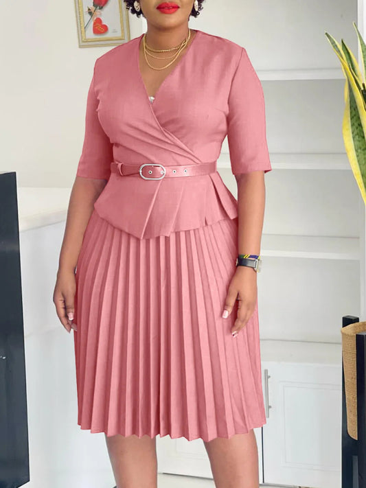 Women's 2024 new fashion plus size temperament commuter V - neck pleated dress - SHOWLU FASHION STORE