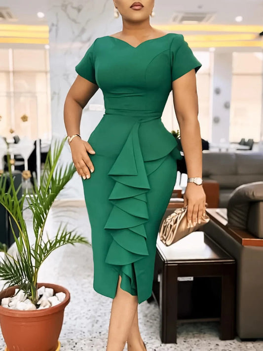 Women's 2024 new fashion short sleeve solid color skirt hip ruffled high - waisted dress - SHOWLU FASHION STORE