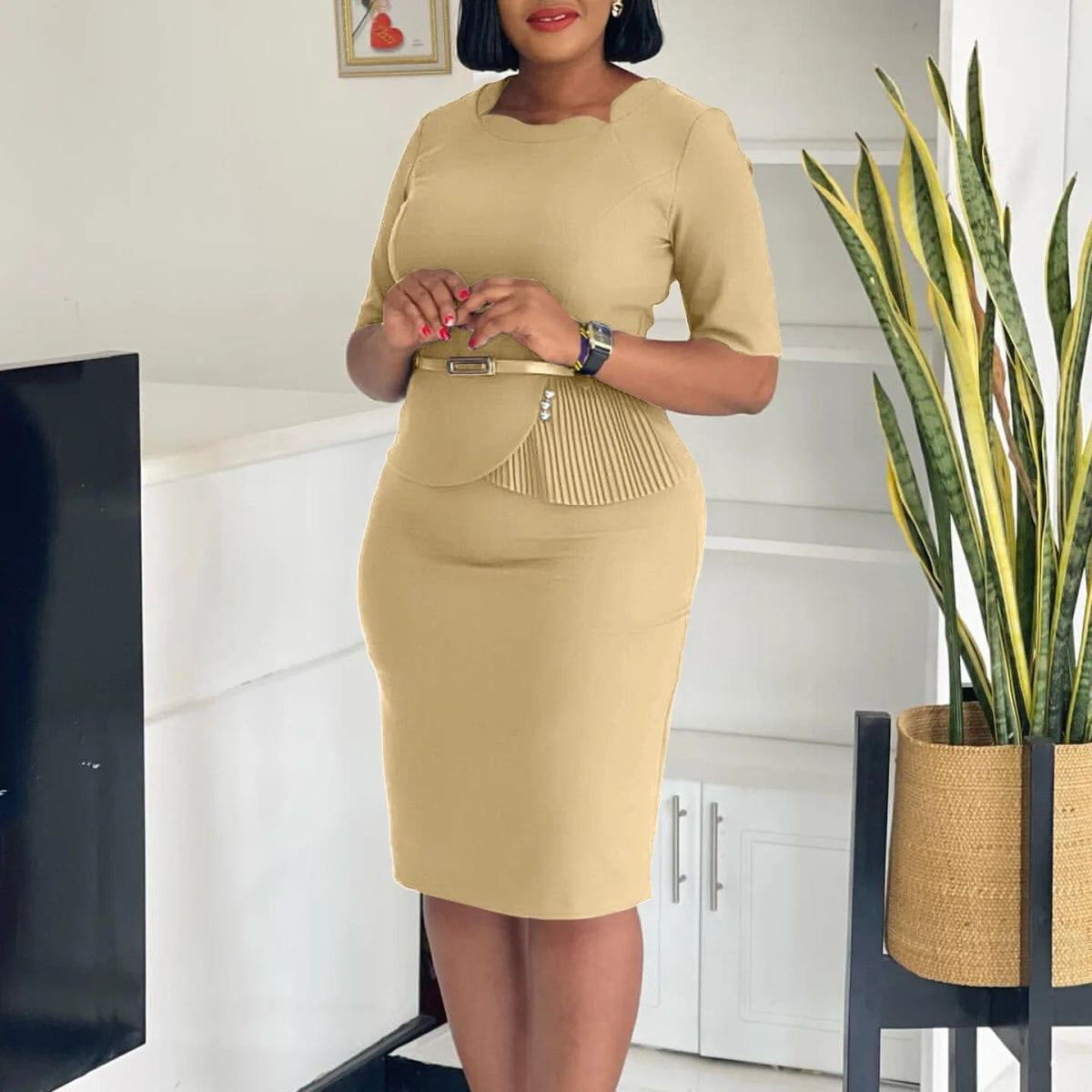 Women's 2024 summer new fashion solid color commute Hip wrap Dresses - SHOWLU FASHION STORE