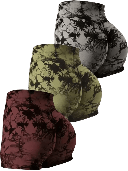 Women's 3 - Piece Tie - Dye Hip Lift Yoga Shorts Exercise High - Waisted Pleated Hip Lift Pants - SHOWLU FASHION STORE