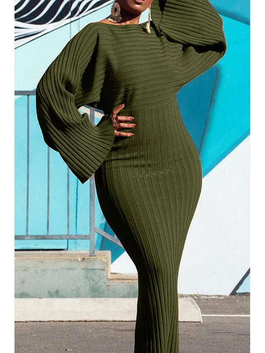 Women's Batwing Sleeve Knitted Rib Long Dress Bodycon Solid Elegant Round Neck Casual Autumn Fashion Solid Vintage Dresses 2024 - SHOWLU FASHION STORE