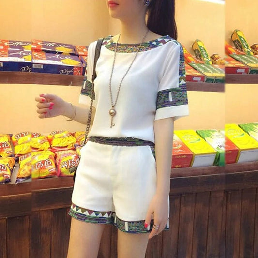 Women's Casual Cotton Suit 2022 New Summer Fashion High Waist And Off - shoulder Short Sleeve Top Wide Leg Shorts 2 Two Piece Set - SHOWLU FASHION STORE