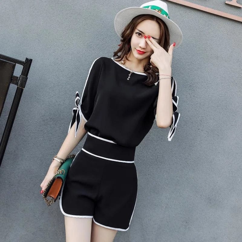 Women's Casual Cotton Suit 2022 New Summer Fashion High Waist And Off - shoulder Short Sleeve Top Wide Leg Shorts 2 Two Piece Set - SHOWLU FASHION STORE