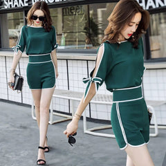 Women's Casual Cotton Suit 2022 New Summer Fashion High Waist And Off - shoulder Short Sleeve Top Wide Leg Shorts 2 Two Piece Set - SHOWLU FASHION STORE