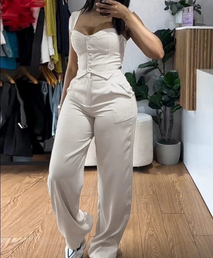 Women's Fashion Sweet Pants Sets 2 Piece Thick Strap Button Front Slim Fit Tank Top High Waist Wide Leg Pants Casual Outfit Set - SHOWLU FASHION STORE