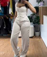 Women's Fashion Sweet Pants Sets 2 Piece Thick Strap Button Front Slim Fit Tank Top High Waist Wide Leg Pants Casual Outfit Set - SHOWLU FASHION STORE