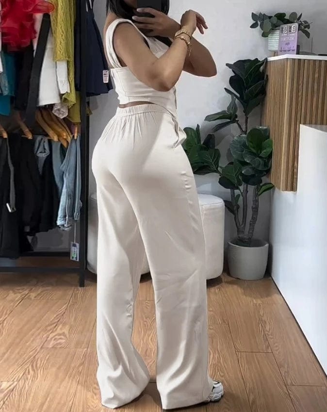 Women's Fashion Sweet Pants Sets 2 Piece Thick Strap Button Front Slim Fit Tank Top High Waist Wide Leg Pants Casual Outfit Set - SHOWLU FASHION STORE