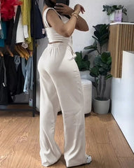 Women's Fashion Sweet Pants Sets 2 Piece Thick Strap Button Front Slim Fit Tank Top High Waist Wide Leg Pants Casual Outfit Set - SHOWLU FASHION STORE