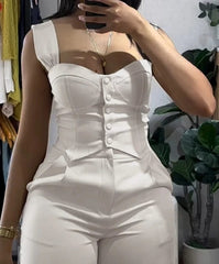Women's Fashion Sweet Pants Sets 2 Piece Thick Strap Button Front Slim Fit Tank Top High Waist Wide Leg Pants Casual Outfit Set - SHOWLU FASHION STORE