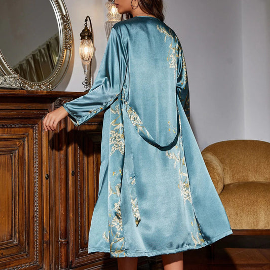 Women's Four Seasons Home Furnishing Lace Up Pajama Pajama Dresses Two Piece Set Thin Outerwear Medium Length Pajama Set - SHOWLU FASHION STORE
