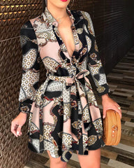 Women's Long Sleeve V - neck Lace up Sexy Print Dress - SHOWLU FASHION STORE