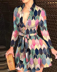 Women's Long Sleeve V - neck Lace up Sexy Print Dress - SHOWLU FASHION STORE