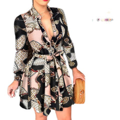 Women's Long Sleeve V - neck Lace up Sexy Print Dress - SHOWLU FASHION STORE