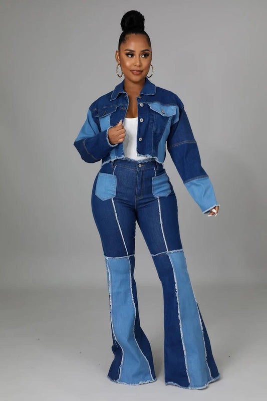 Women's Matching Set Denim Patchwork Vintage Short Jacket and Flare Pant Two Piece Set Outfit Autumn Casual Y2K Fashion Sets - SHOWLU FASHION STORE