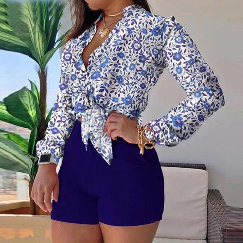 Women's Shorts Suit Summer Fashion Sexy V Neck Long Sleeve Shirts Slim Wear A Belt Elegant Female Blouse Office Two Piece Set - SHOWLU FASHION STORE