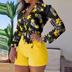 Women's Shorts Suit Summer Fashion Sexy V Neck Long Sleeve Shirts Slim Wear A Belt Elegant Female Blouse Office Two Piece Set - SHOWLU FASHION STORE