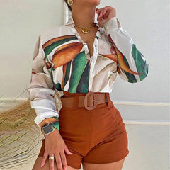 Women's Shorts Suit Summer Fashion Sexy V Neck Long Sleeve Shirts Slim Wear A Belt Elegant Female Blouse Office Two Piece Set - SHOWLU FASHION STORE