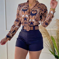 Women's Shorts Suit Summer Fashion Sexy V Neck Long Sleeve Shirts Slim Wear A Belt Elegant Female Blouse Office Two Piece Set - SHOWLU FASHION STORE